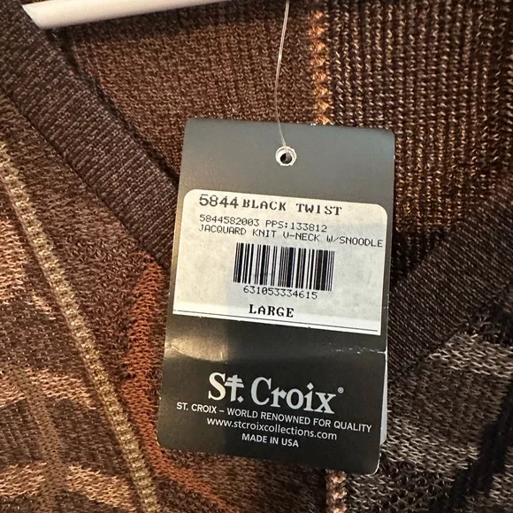 St Croix Jacquard Knit V-Neck 3D Sweater With Snoodle Men’s Large Black Twist